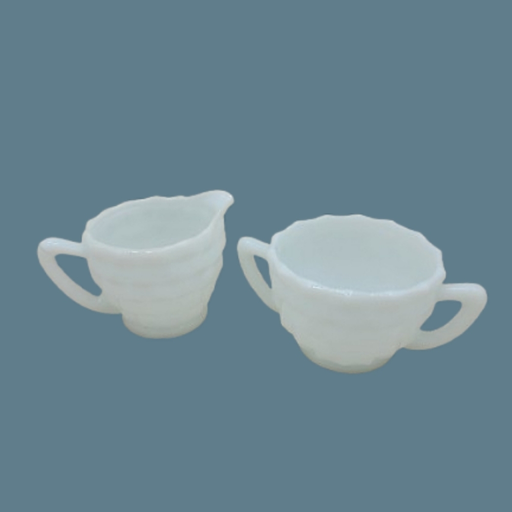 Hazel Atlas Cubist Milk Glass Creamer and Sugar Set - 1930s Vintage Kitchenware